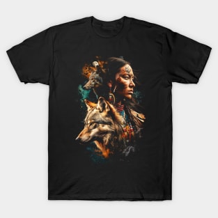 Native American Indian Woman with Coyote Spirit Animal T-Shirt